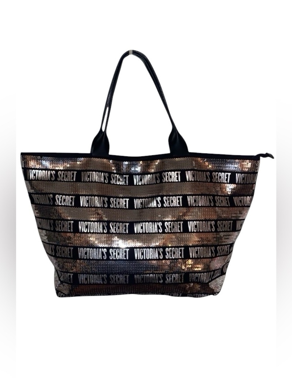 VICTORIA SECRET’S Large LogoTote Bag Metallic Sequins Silver & Black
